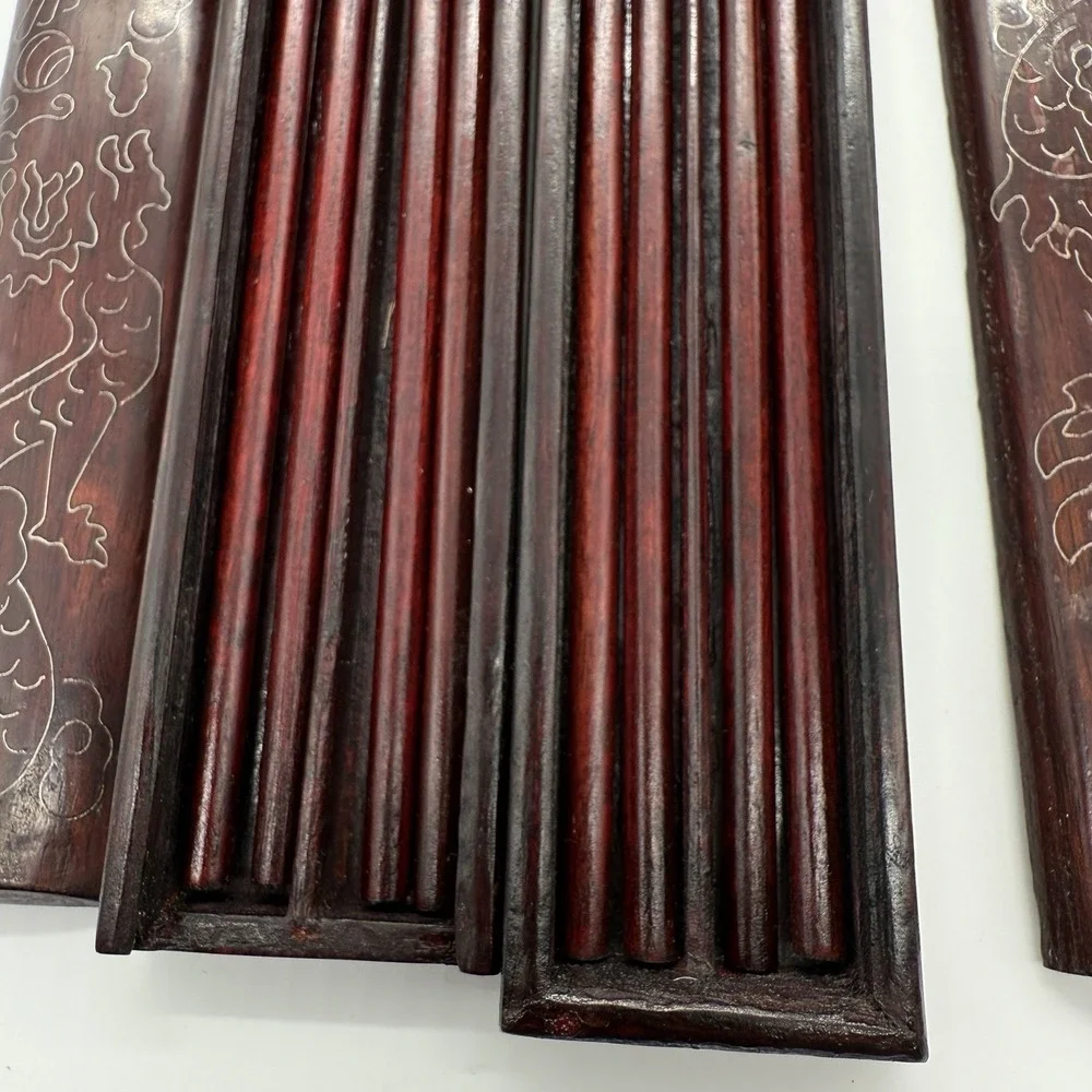 Vintage Chinese Wood Chopsticks Set w/ Carved Dragon Case 8 Pair Red Lacquer